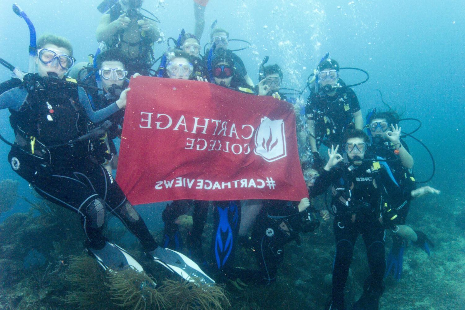 学生们手持<a href='http://xpms.ngskmc-eis.net'>bv伟德ios下载</a>旗帜，在j学期洪都拉斯游学之旅中潜水.